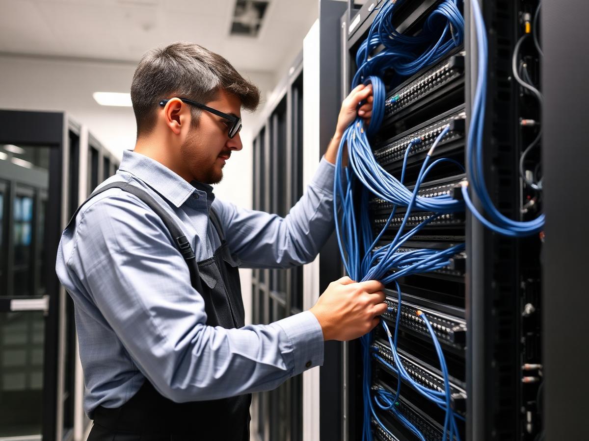 Engenheiro de redes instalando cabeamento estruturado